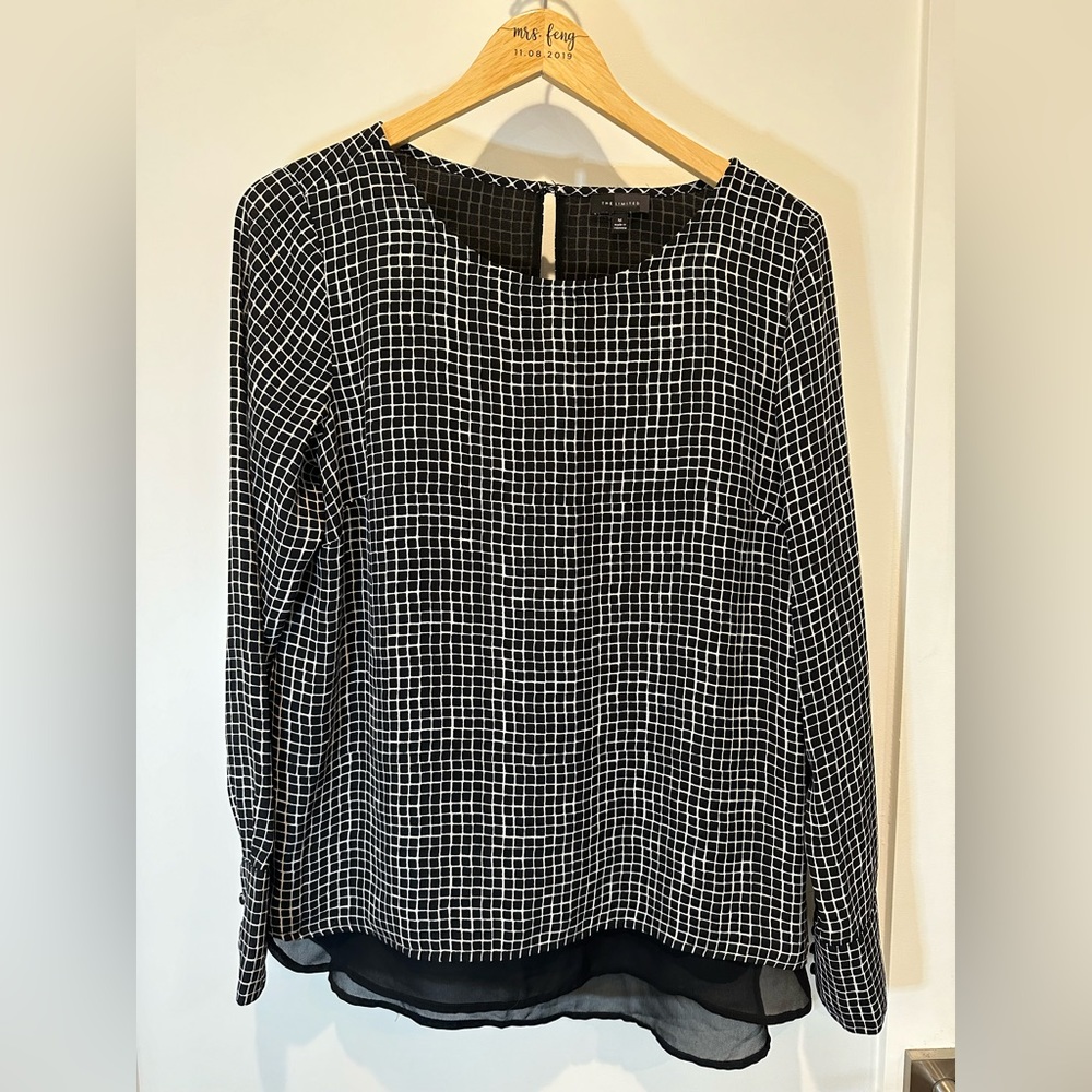 The Limited Chiffon Check Long Sleeve Blouse Black White Lined